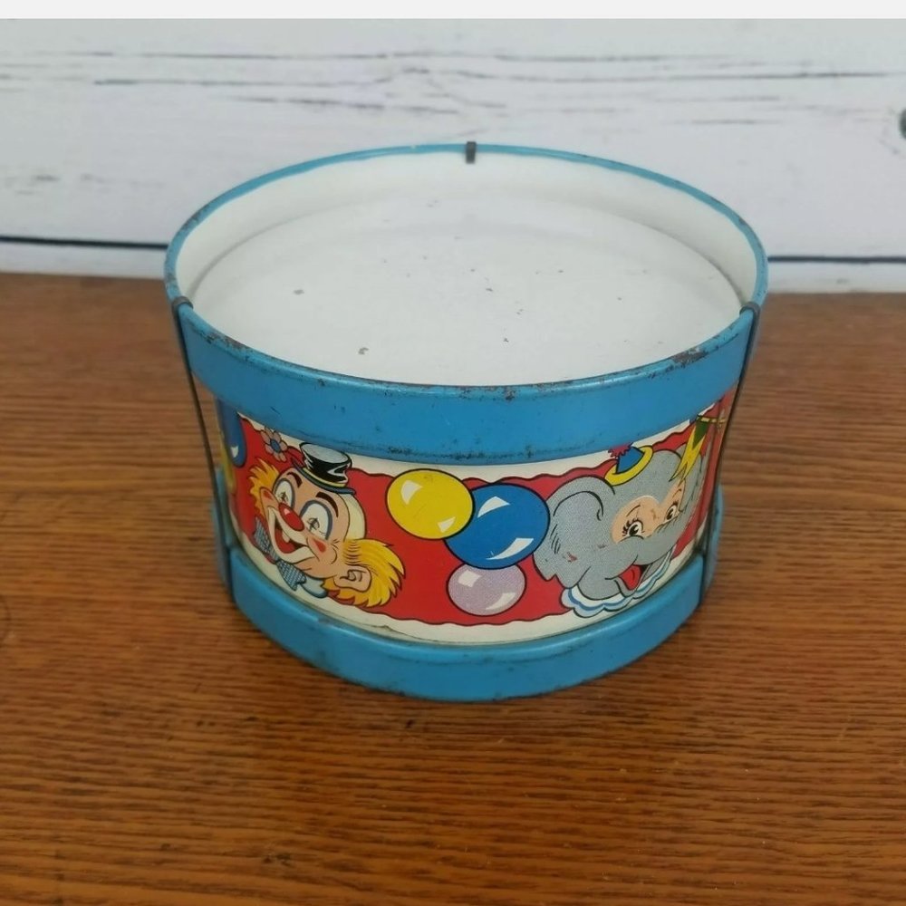 Ohio Art Drum Vintage Tin Toy Giraffe Monkey Clown